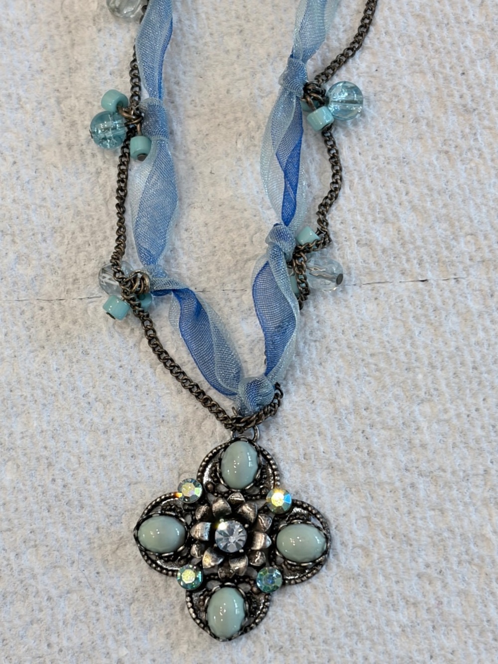 Vintage ribbon and chain mixed-media statement pendant necklace